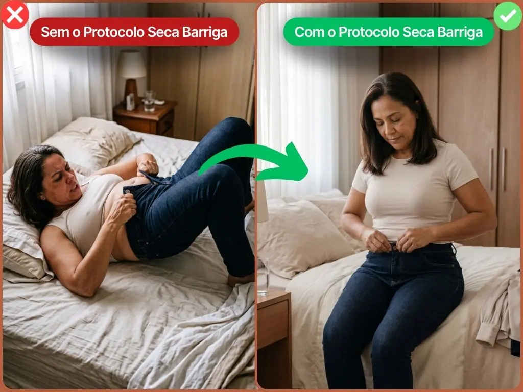 Antes e depois: mulher 40+ fechando a calça com facilidade após o Protocolo Seca Barriga